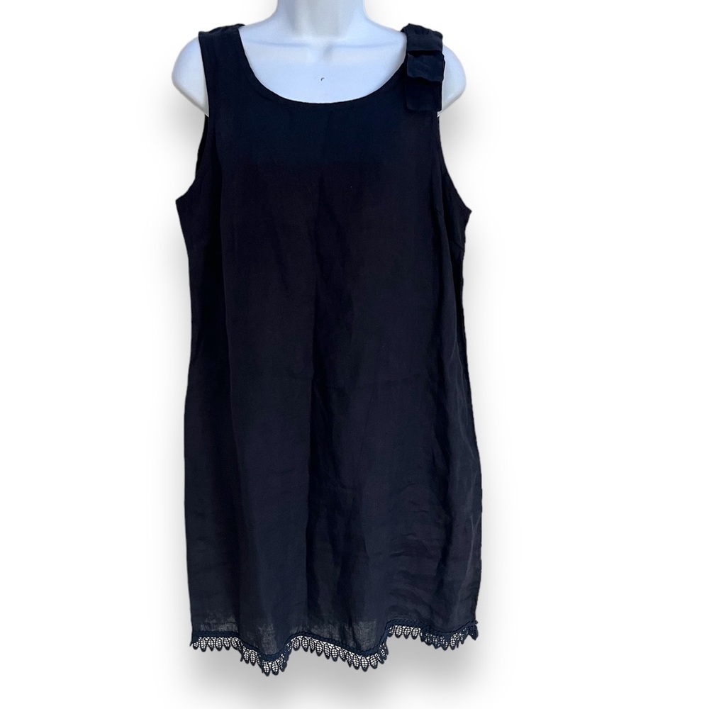 Bellambia Linen Tank Shift Dress Navy Blue Bow Lace Women's L